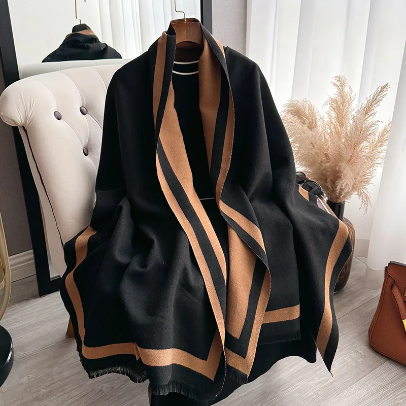 Autumn Winter Simple Solid Color Soft Thickened Imitation Cashmere Scarf For Women Elegant Versatile Double-Sided Color-Block