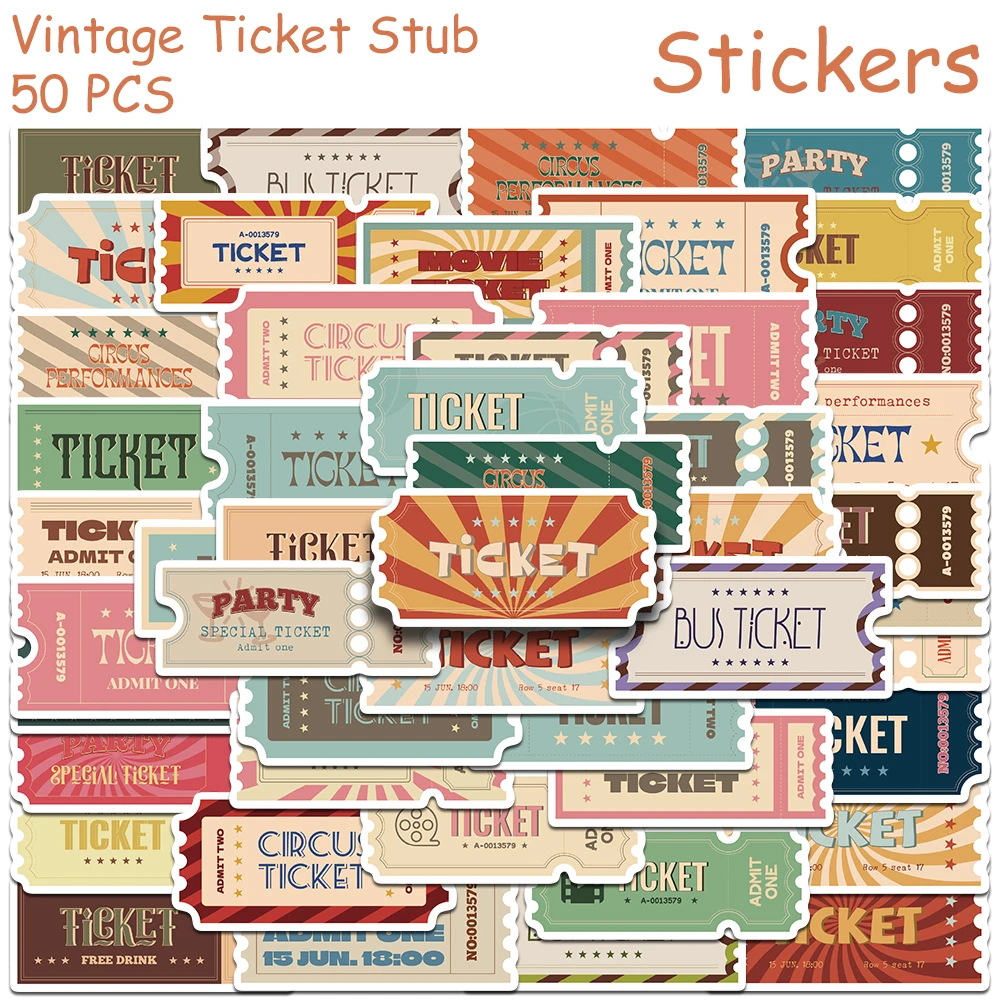 

50pcs Vintage Ticket Stub Stickers Decals For Phone Laptop Scrapbook Skateboard DIY Graffiti Aesthetic Stickers Creative Gifts