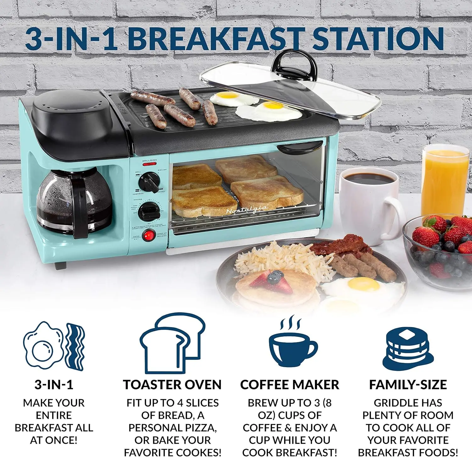 BSET300AQ Retro 3-in-1 Family Size Breakfast Station, Coffeemaker, Toaster Oven, Griddle, Aqua