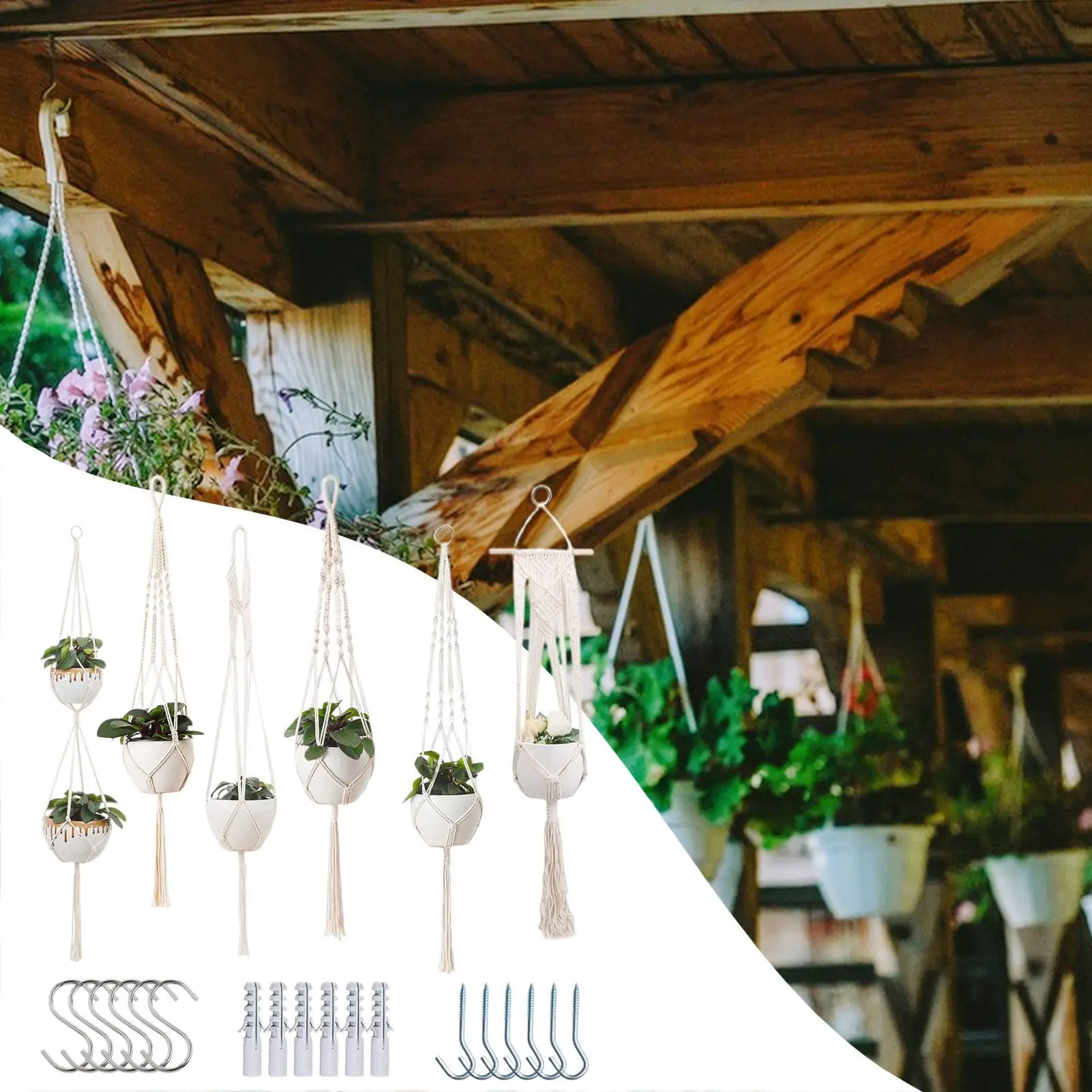 

Подвесные держатели для цветочных горшков, 6 штук, в богемном стиле, макраме, для потолка, для использования внутри и снаружи помещений, на стену, потолок, в саду, на веранде, для дома