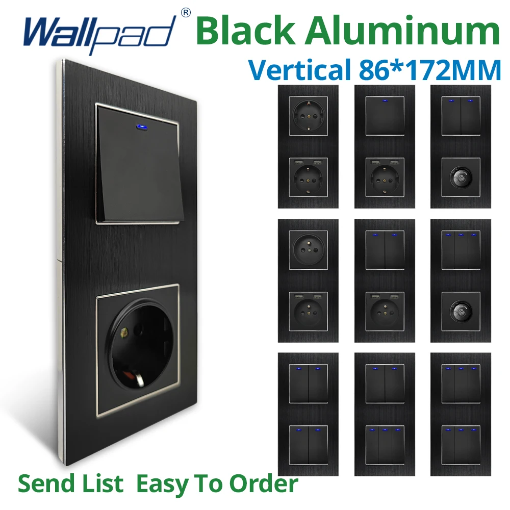 

Wallpad Vertical 1 2 3 Gang 2 Way LED Wall Light Switch Dimmer USB EU Socket Outlet 172*86mm Black Aluminum Panel