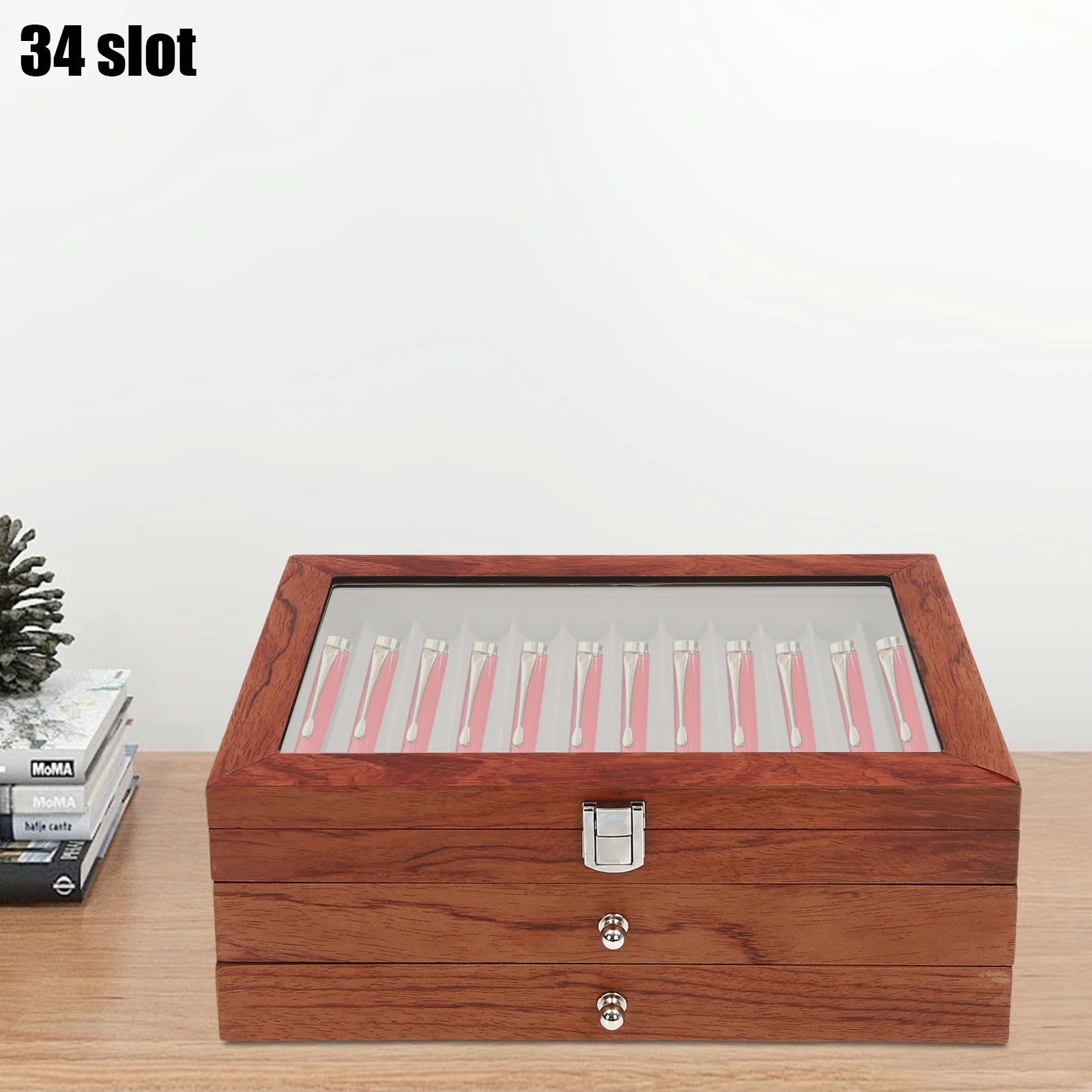صندوق منظم القرطاسية من خشب الورد للهدايا ، درج تخزين ، صندوق لقلم حبر ، عرض قلم ، طالب ، 34 فتحة #5