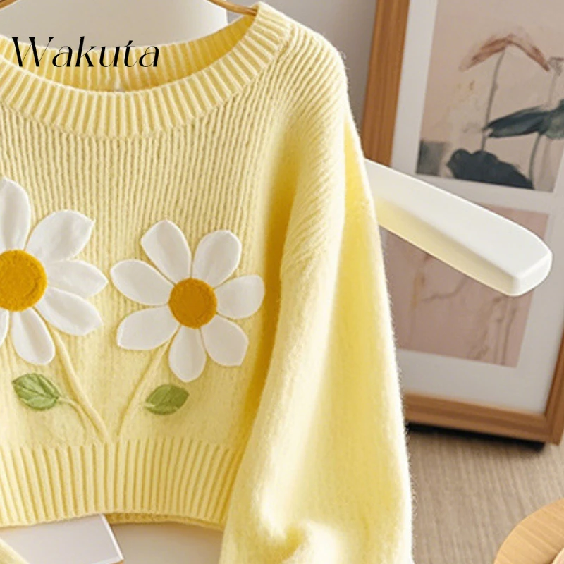 WAKUTA Autunno Elegante versione coreana del maglione lavorato a maglia che riduce l'età alla moda con dopamina Pullover con stampa gialla Maglioni Y2k Commer 