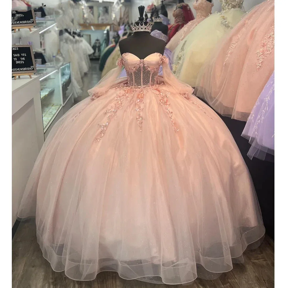 

Angelsbridep розовое платье принцессы Quinceanera с открытыми плечами, кружевное бальное платье с аппликацией, милое платье для дня рождения 16, 17, Vestidos De Customized