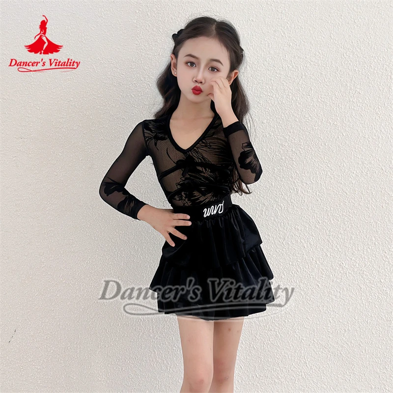 

Новый стиль Chacha, черные профессиональные тренировочные комплекты из двух предметов, танцевальная жизненная сила, детская одежда для латинских танцев