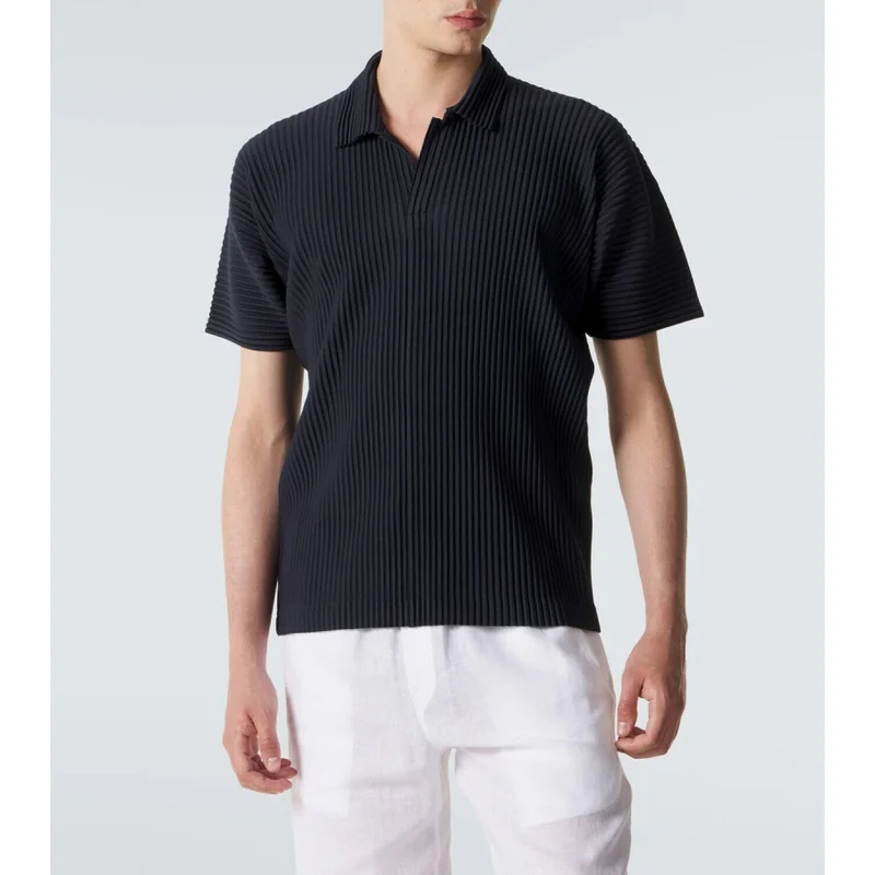 Miyake Pleated Men's Polo Shirt Short Sleeve Plisse Lapel Collar Loose Fit Breathable Stretch Korean