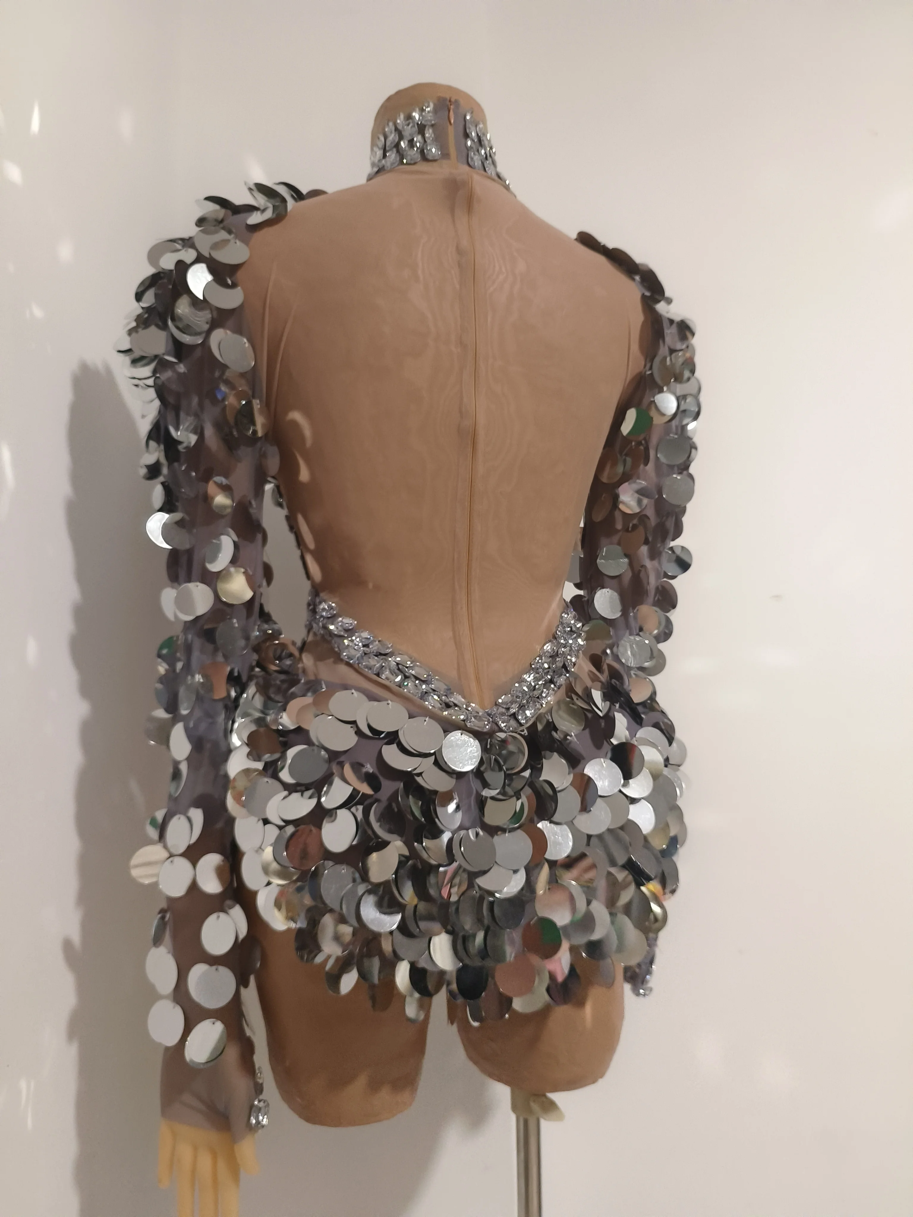 sparkling silver sequin rhinestone bodysuits women stage performance showgirl jumpsuit gogo dancer costume festival clothing