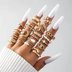 23Pcs Boho Gold Color Geometric Knuckle Rings Set For Women Eye Cross Sun And Moon Leaf Charm Finger Ring Female Party Jewelry