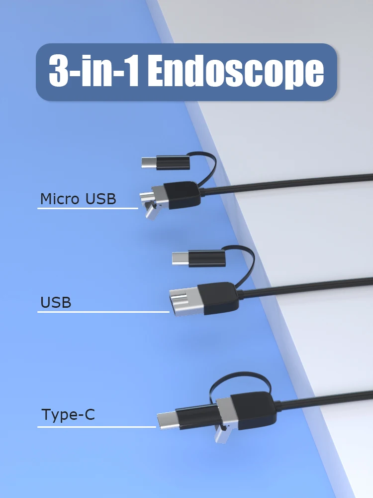 Dodosee 3.9mm HD Endoscope 3 in 1 Car Inspection Borescope 720p Mini Camera for Android Mac Windows Micro USB Type C