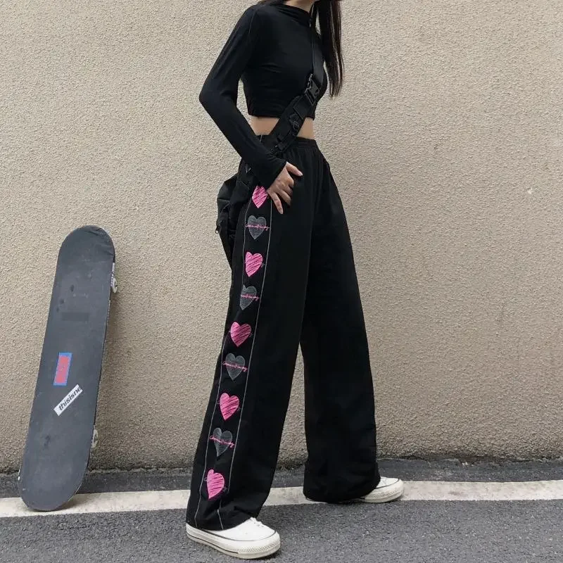 

Spring New Korean Women's Love Printing Spicy Girl Loose Straight Slender High Waist Wide Leg Pants Y2k Pants Streetwear Women