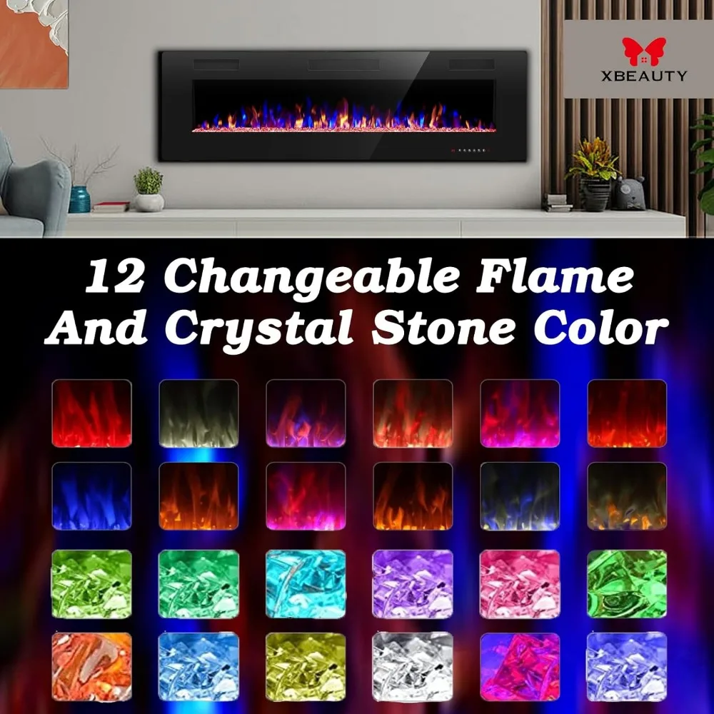 60 Inch Electric Fireplace Insert: Recessed & Wall Mount, LED, Ultra-Thin Design, Timer, Touchscreen, Remote Control