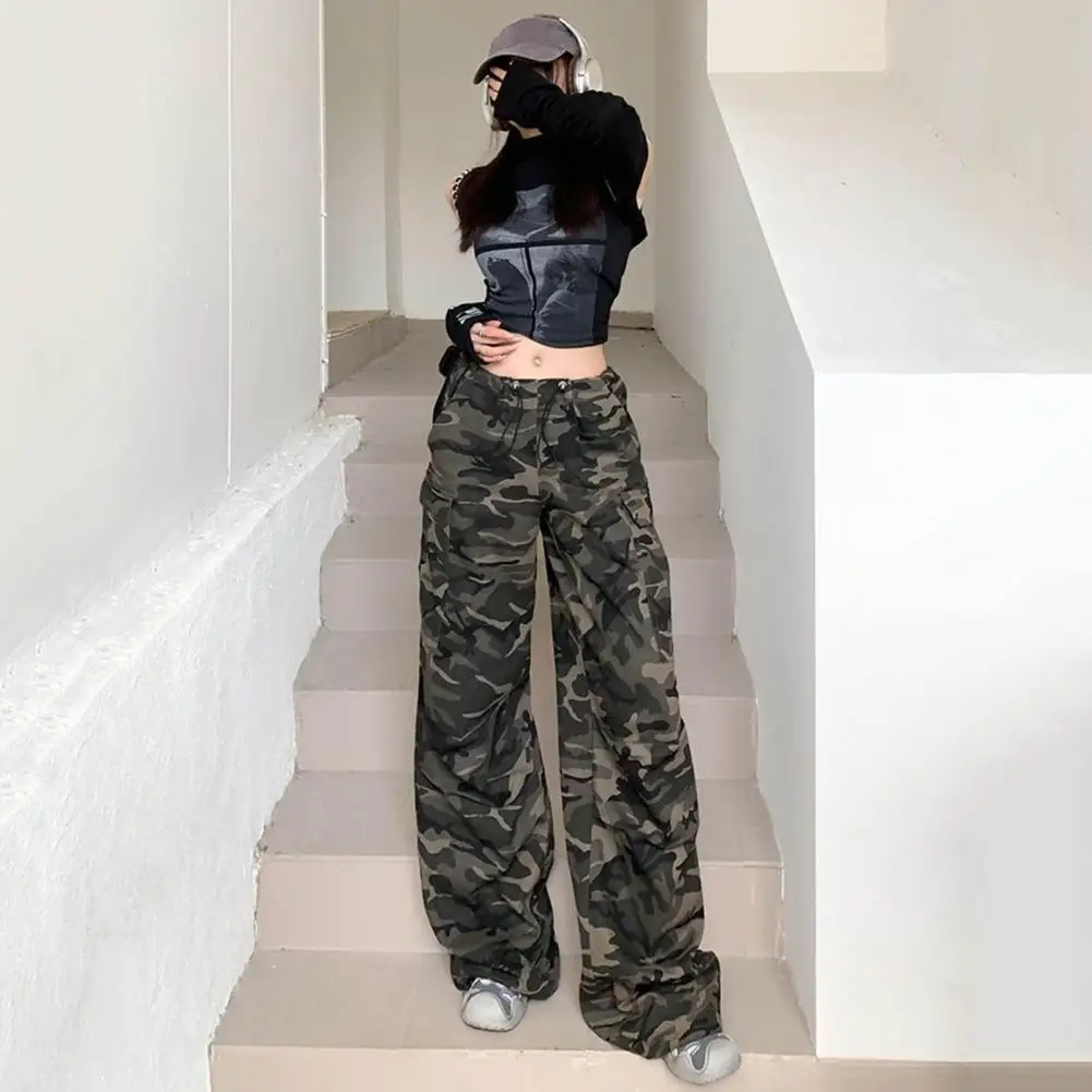 Plus Size Women Pants Versatile Women's Camouflage Cargo Pants Elastic High Waist Adjustable Drawstring for Camping