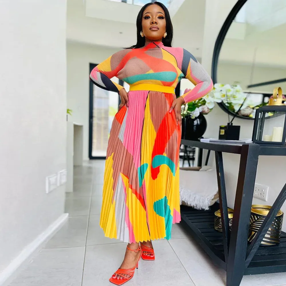 Pleated Geometrical Women Two 2 Piece Set Outfits Long Sleeve Blouse and Big Swing Maxi Long Skirt Suit 2024 Dress Set