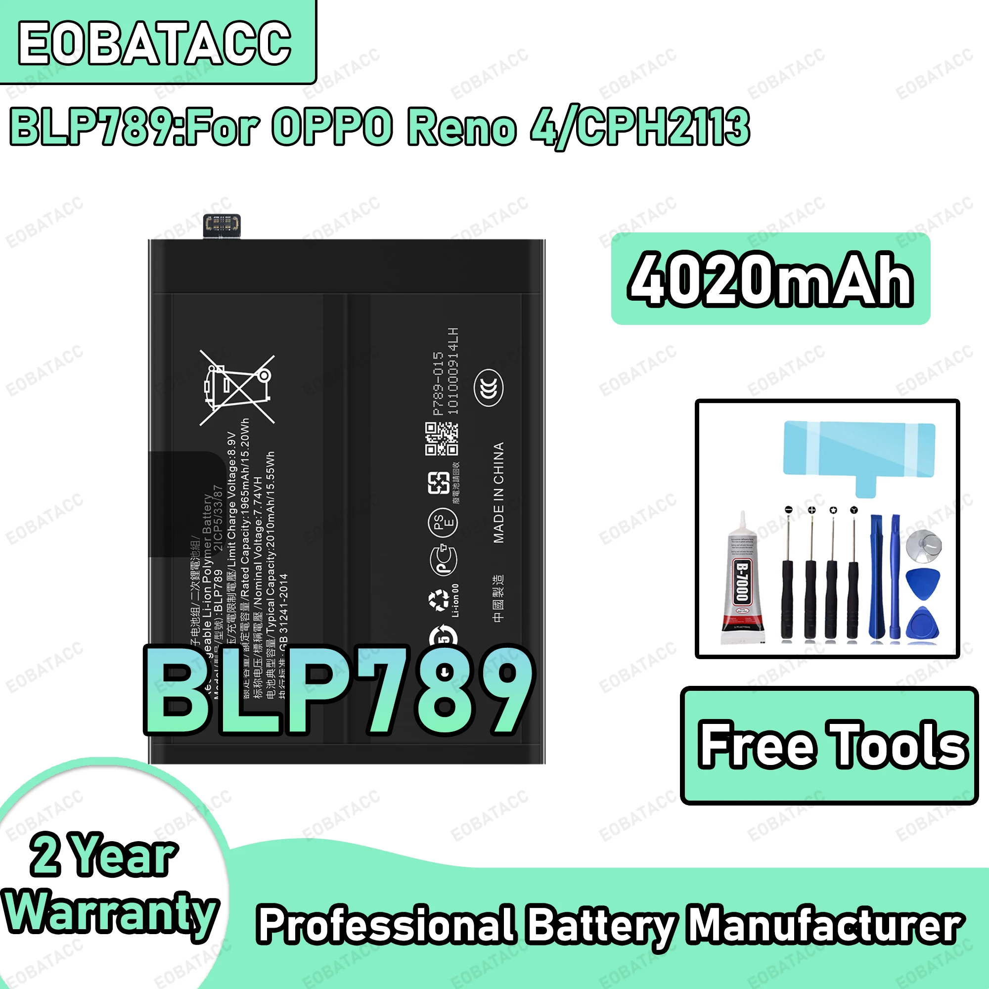 

4020mAh 100% New BLP789 Battery For OPPO Reno 4/CPH2113 Replacement Bateria+Free Tools