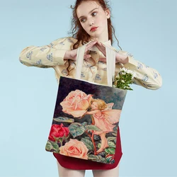 Cute Cartoon Flower Girl Shopping Bag for Women Child Both Print Reusable Casual Fairy Tale World Elves Canvas Tote Handbag