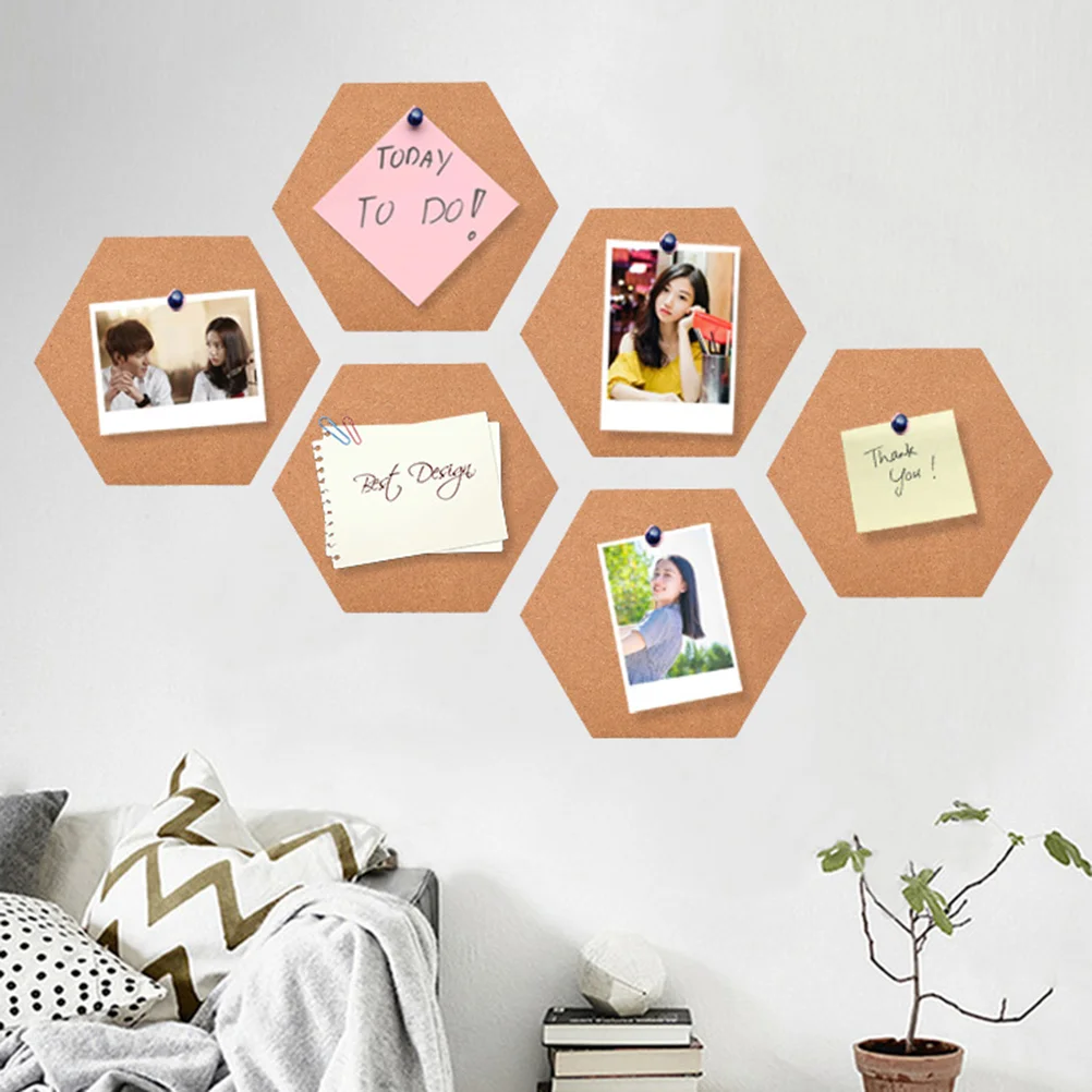 4pcs Hexagon Cork Boards Photo Wall Message Boards Self-Adhesive Background Bulletin Message Stickers for Home Office (Brown)