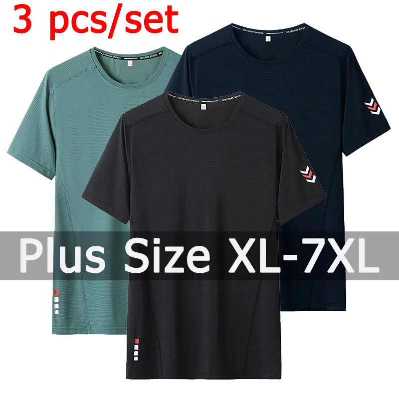 3 teile/satz Sommer T-Shirt Männer plus Größe 7xl Sport schnell trocknende Fitness Running T-Shirts Rundhals ausschnitt Kurzarm Tops 110-175kg