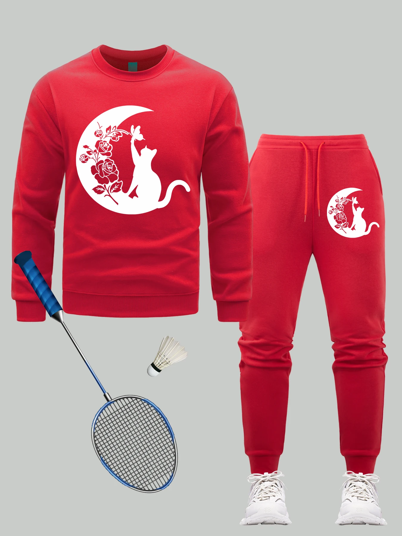 

Комплект толстовок с принтом кота на луне, мужские флисовые спортивные штаны в стиле хип-хоп с круглым вырезом, повседневные пуловеры, осенние спортивные штаны