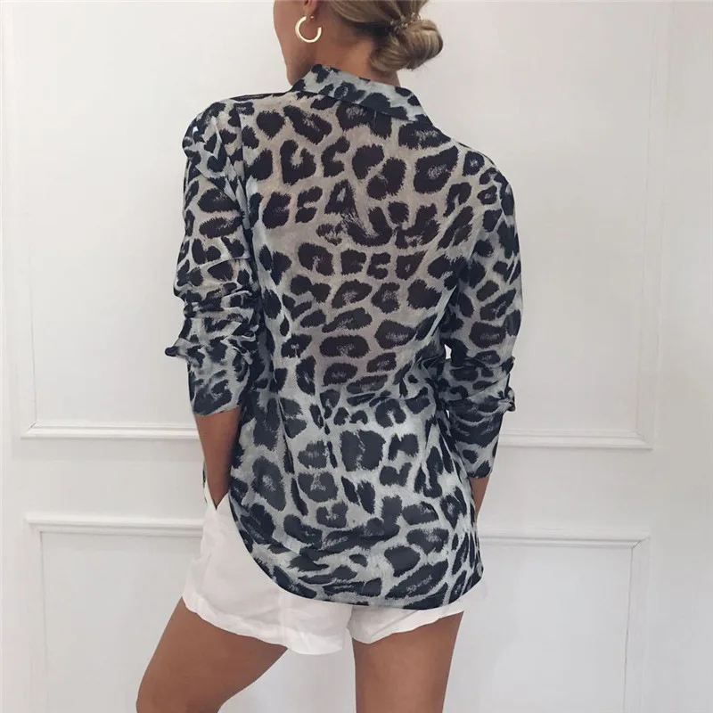 JHJN Chiffon Blouse Long Sleeve Sexy Leopard Print Blouse Turn Down Collar Lady Office Shirt Tunic Casual Loose Tops Oversized