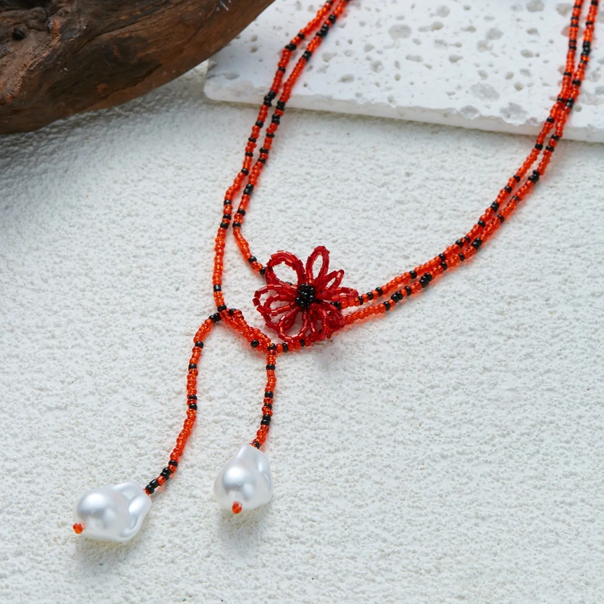 Böhmische handgefertigte Halskette mit gewebten Reisperlen und Blumenmuster für Damen, barocke Kunstperlen-Quastenkette, lange Pulloverkette, Schmuckstück – Detail 31