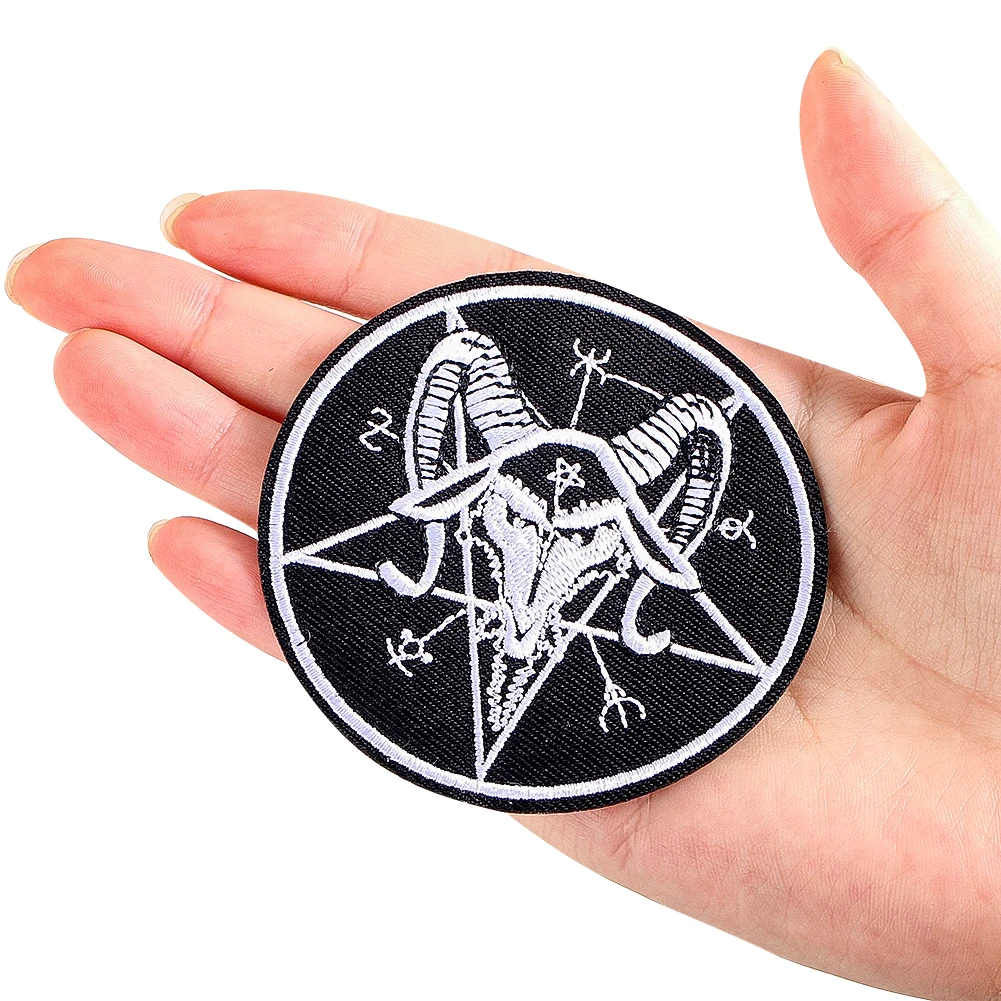 Dunkler Okkulter Satan-Ziegenkopf Pentagramm Aufbügelbarer Bestickter Aufnäher Punk Gothic Applikation für Kleidung Jacke DIY Reparatur-Abzeichen – Detail 2