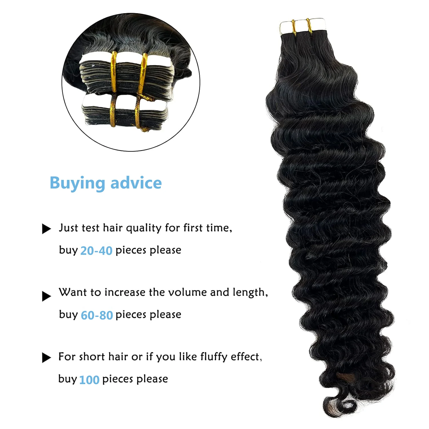 Water Wave Tape In Human Hair Extensions Curly Skin Weft Adhesive Natural Black Deep Wave Tape Extensions Hair For Salon 2.5G/Pc