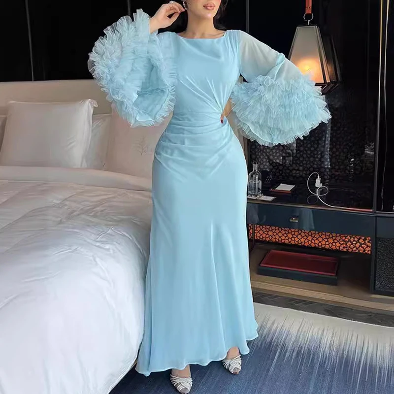 Robes for Women Party Elegant Pleated Waist Slim Long Dress Spring O Neck Solid Boho Dress Autumn Flare Sleeve Ruffles Vestidos