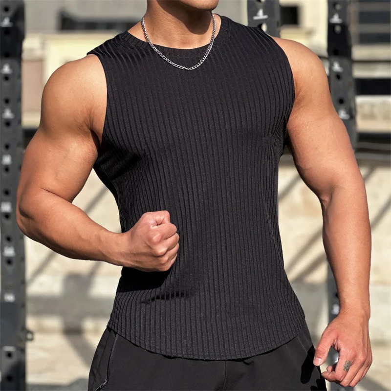 2024 Summer new men Vest gym Tank top Men Fitness sleeveless shirt Male Elastic stripe Sports vest Undershirt Gyms men vest