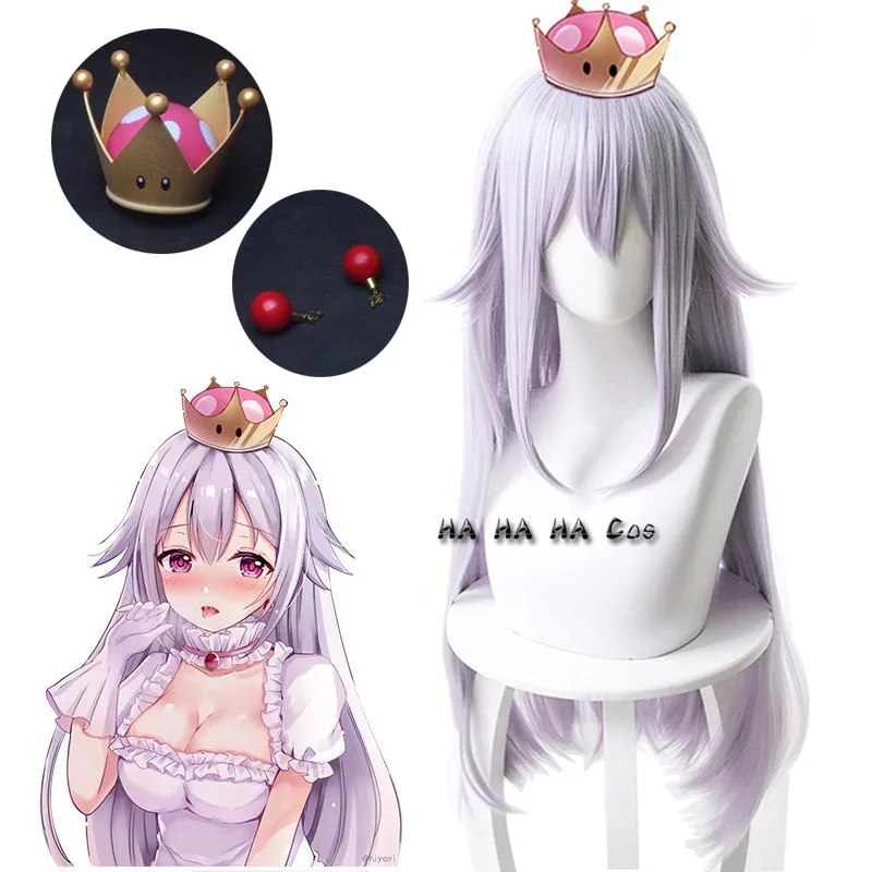 Boosette Cosplay Perruque Princesse Koopa Cheveux, Gris Clair, Violet, Longue Droite, Degré de Chaleur, Couronne, Cornes, Boucles d'Oreilles, Accessoires d'Halloween