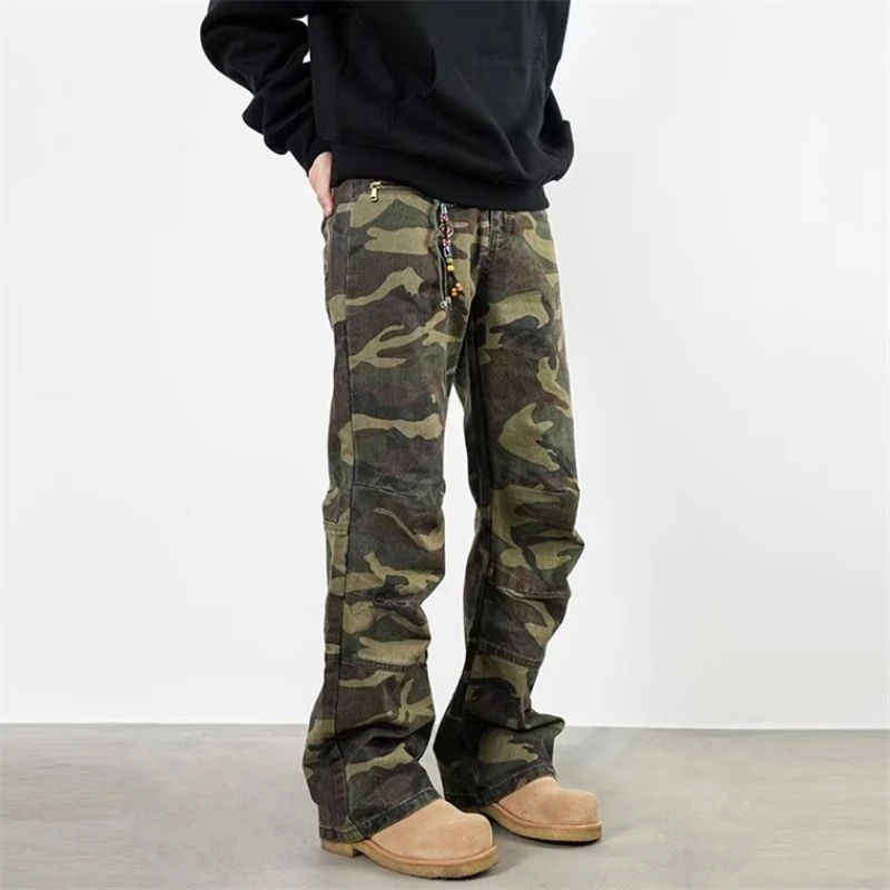 Camouflage Tooling Mens Jeans 2024 New American High Street Washing Straight Leg Trousers Zipper Pockets Hip Hop Overalls