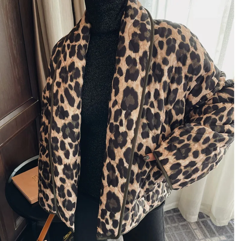 [EWQ] European Style Fashion Cardigan Cotton Parka Leopard Print Jacket Thin Cotton-padded Coat Top Women Winter 2024 Autumn