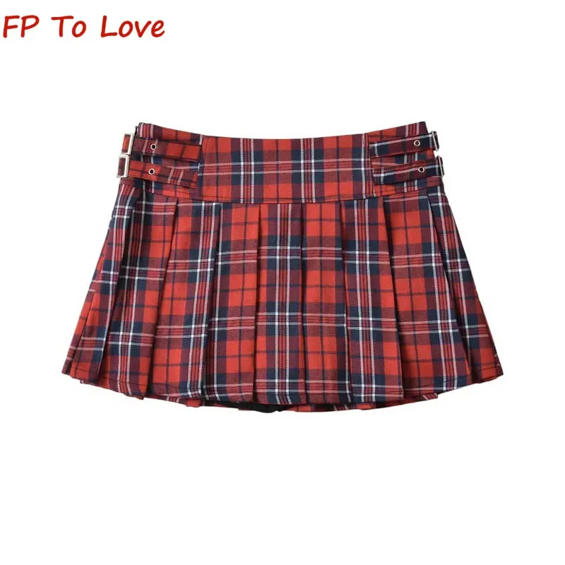 Y2K American Spice Girls Plaid Belt Design Pleated Skirt Anti Walking Half Skirt Women Vintage High Waist Mini Skirt