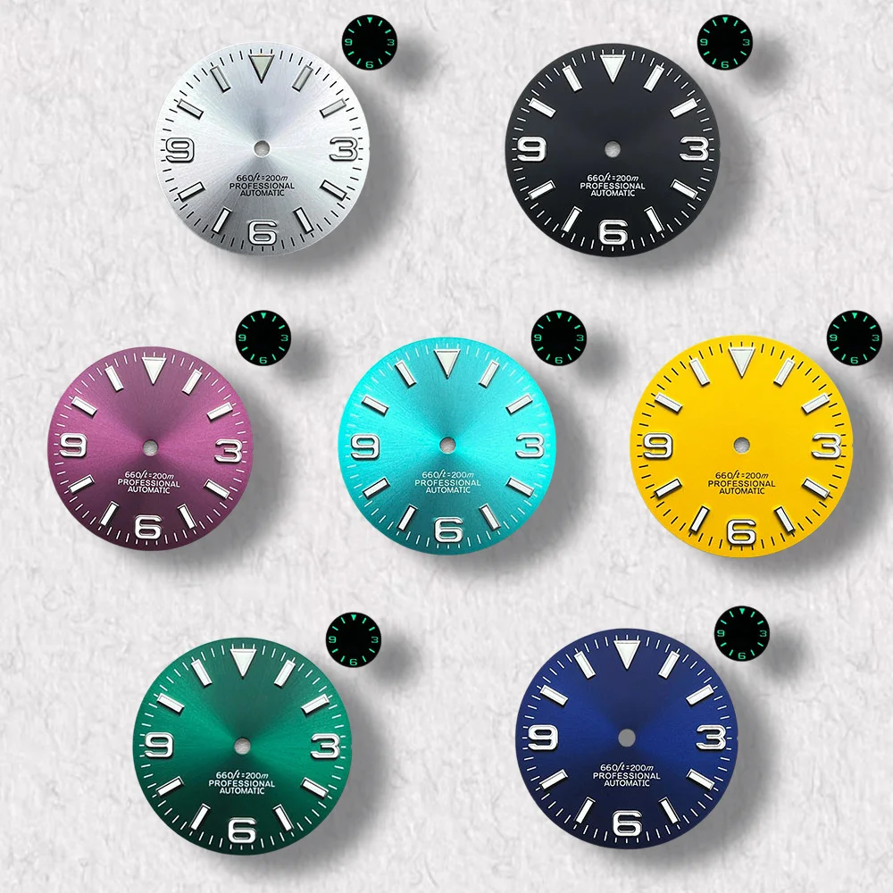 

High Quality 28.5mm S Logo Ex plorer Sunray Dial Fit NH35/NH36/4R/7S Movement Green Luminous Watch Modification Accessories 3/3.