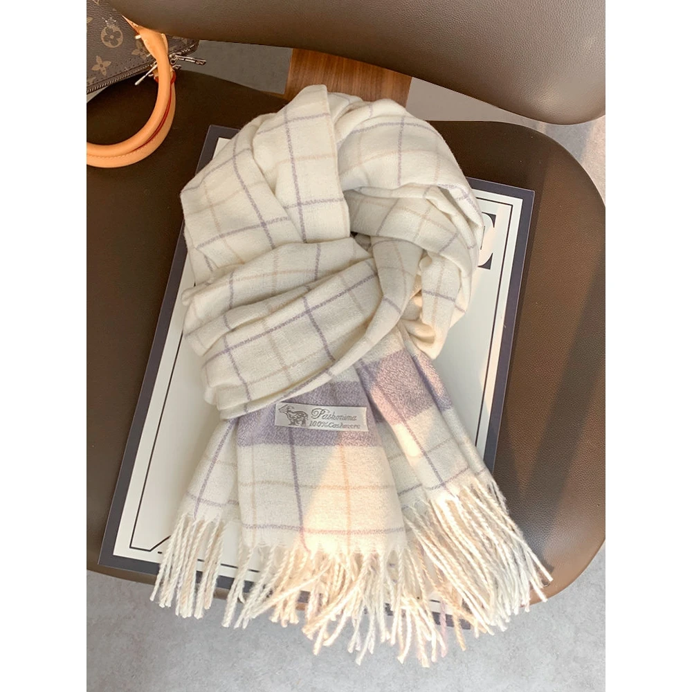 高品質韓国風チェック柄スカーフ-レディース-冬-2025-新作-多用途ネックウォーマー-両面フェイクカシミヤスカーフ