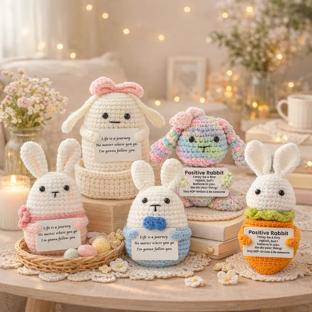 AnimalSeries Positive Energy Rabbit Crochet Doll Handmade Knitted Decor Ornament with Encouragement Card Mini Desk Decor Gift