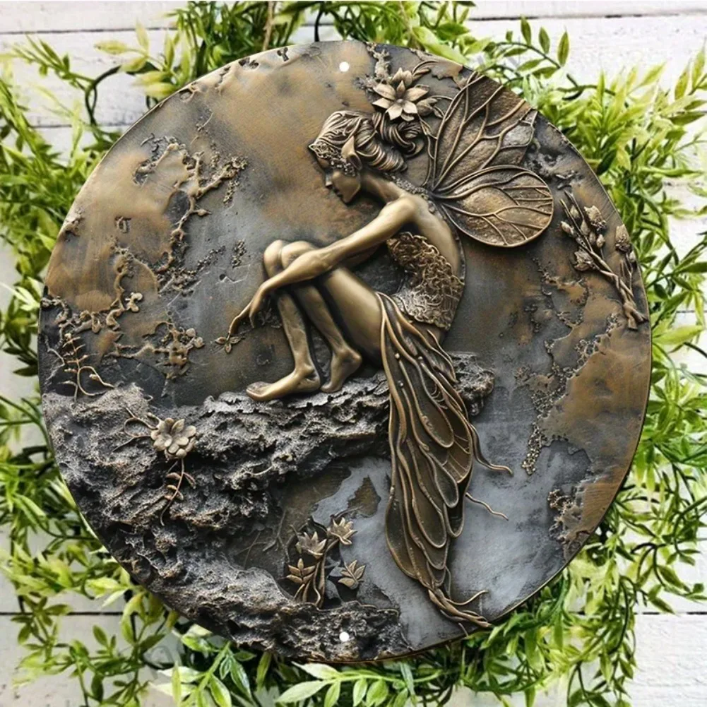 Rundes Aluminium-Metallschild mit Vintage-Feen-Design, wetterfeste und wasserdichte Wanddekoration, Innen- und Außenbereich, 20,3 x 20,3 cm