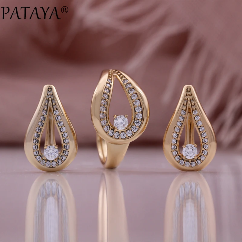 PATAYA Hot Fashion Champagne Gold Color Jewelry Sets Glossy Rings Earrings For Women High Quality Ethnic Wedding Jewelry Set