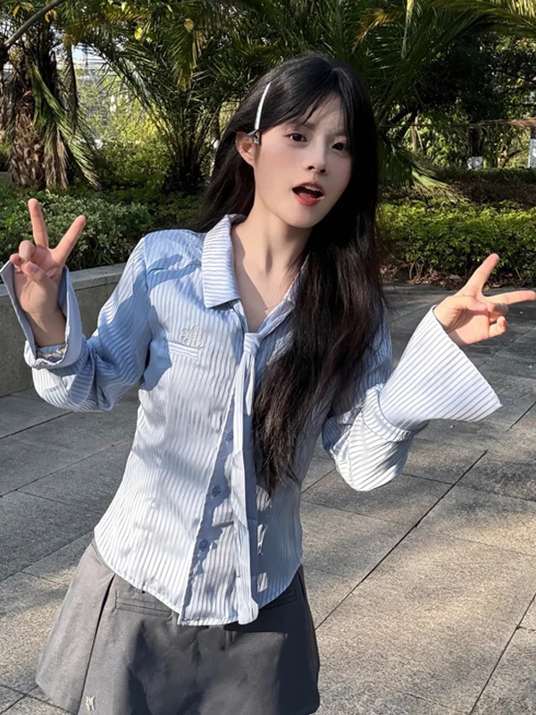 

Slimming Striped Women's Shirt Long Sleeve Korean Style Fashion Design Waist-Cinching Outerwear Autumn New Arrival