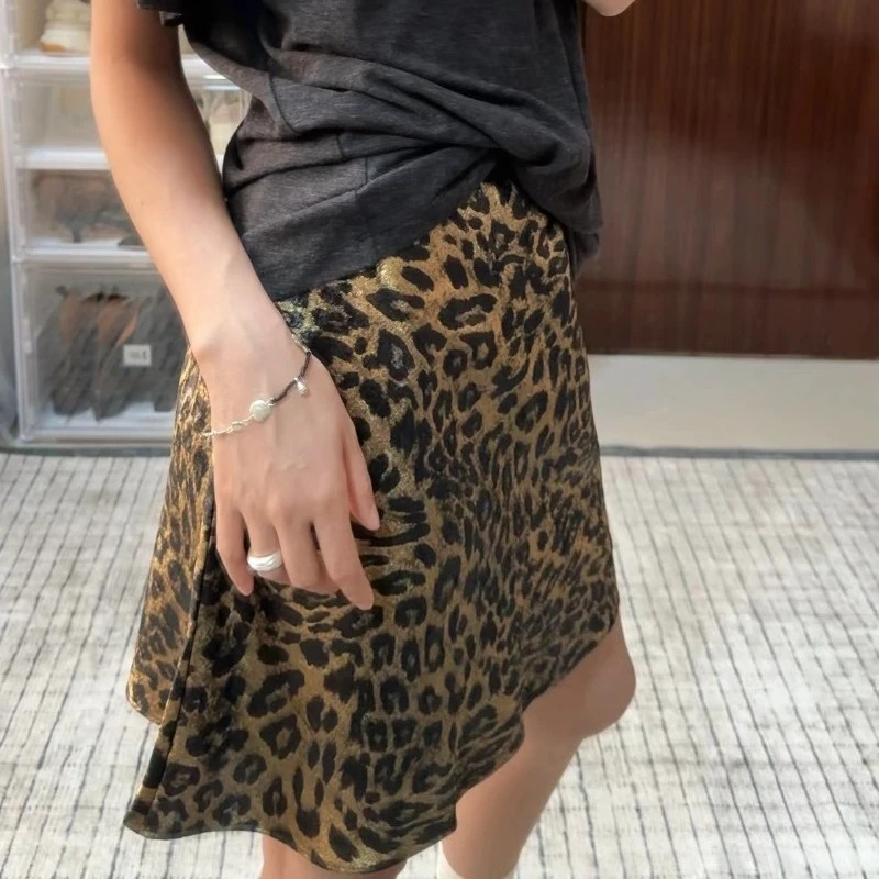 2025 Summer Sexy Slimming Elastic Skirt Gold Foil Leopard Print A-line Chic Women Skirt Flounced Edge Elegant Midi Ladies Skirt