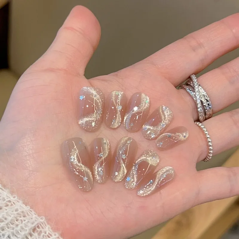 10pcs Handmade Nails Ribbon Cat-Eye and Five-Pointed Star Design in Medium Oval Shapes Press-On Style Perfect as a Gift for Girl