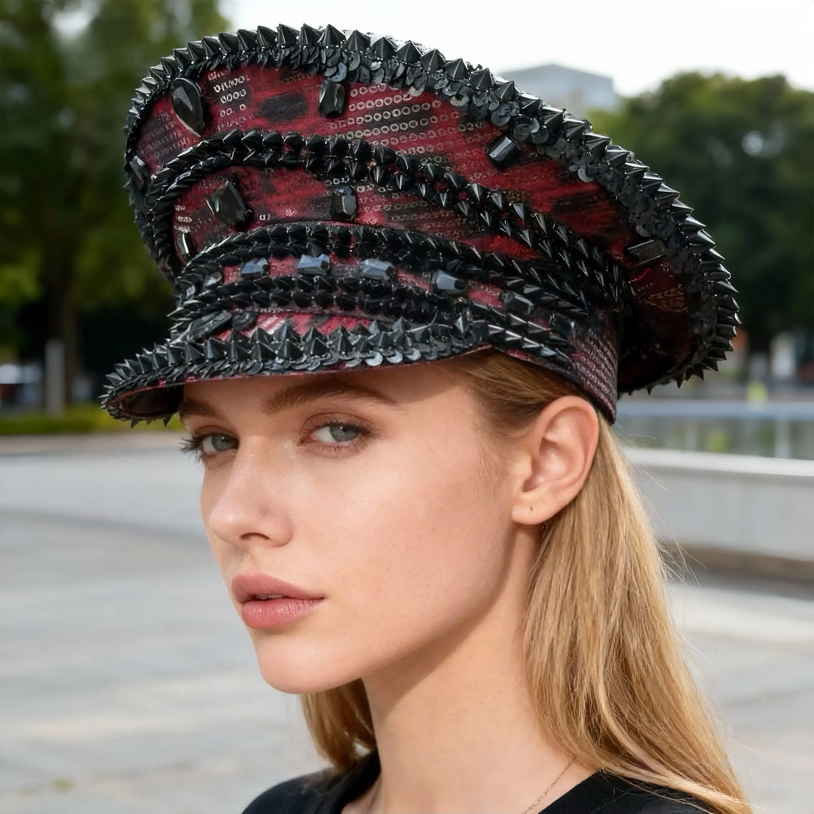HongLuan Roter Steampunk-Strass-Kapitänshut für Erwachsene, Burningman Festival Woman, Vintage-Militärmütze für Männer, neue Designs