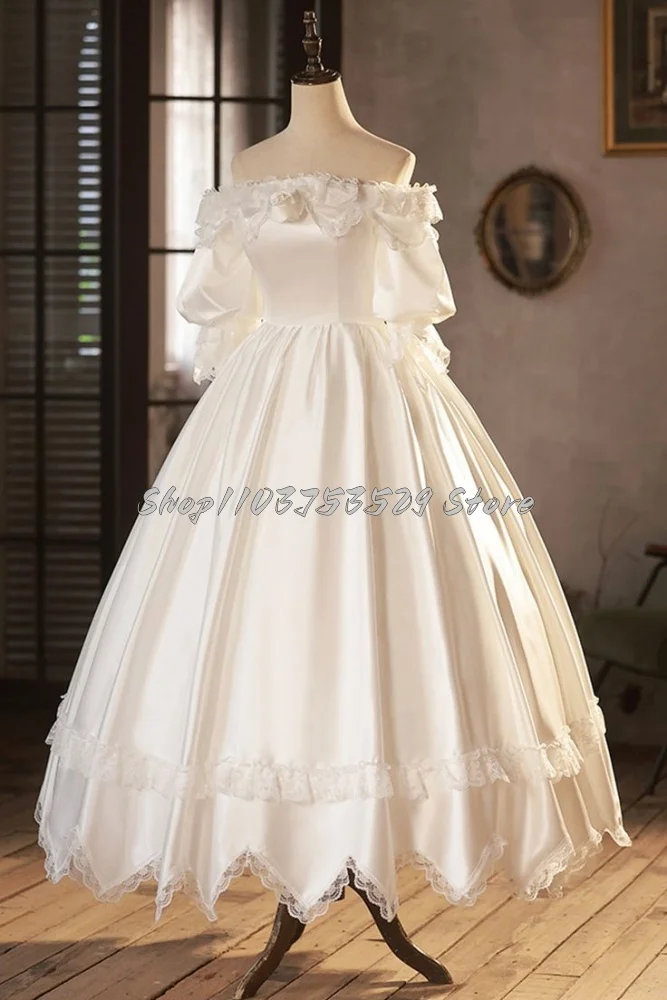 Romantic White Satin Victorian Wedding Dress Dreamy Card Shoulder Short Sleeve Bodice Laced Lace Ruffle Lolita Bridal Party Gown