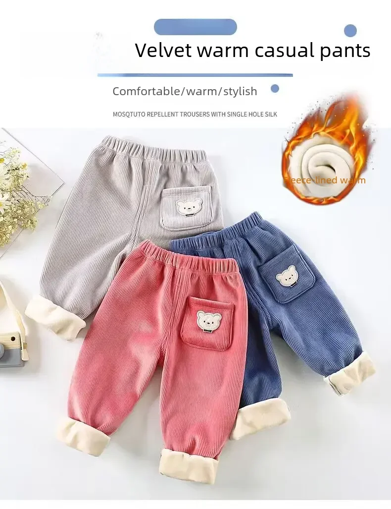 Kinder-Herbst- und Winterhosen, warme, dicke Haremshosen mit einem niedlichen Bärenmuster, bequeme Freizeithosen für Kleinkinder, Jungen und Mädchen. – Detail 2