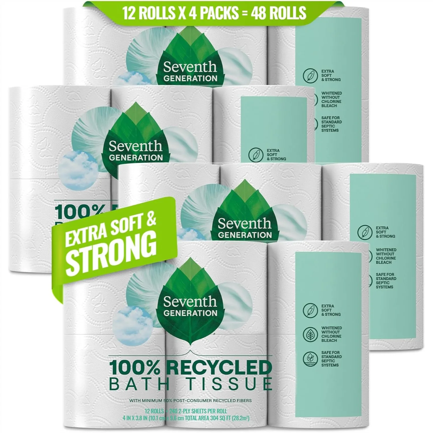 

100% Recycled 2-Ply Toilet Paper, 4 Pack x 12 Rolls of 240 Sheets, Extra Soft, Strong for Home & RV, Whitened without Chlorine