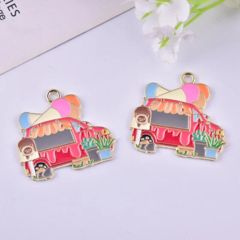 10pcs Enamel Beverage Cart Pendant Food Truck Charms Handmade Necklace Bracelet Accessory DIY Handmaking Jewelry for Women