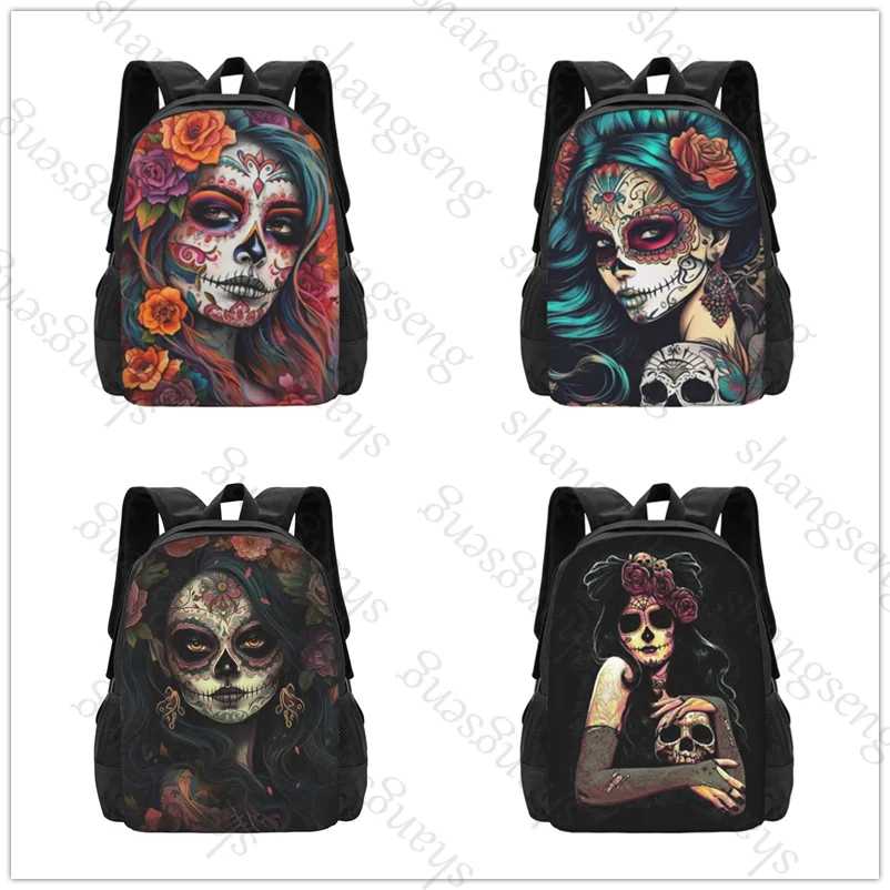 

Backpack large capacity printed schoolbag for boys and girls teenagers leisure travel commuter backpack sugar skull