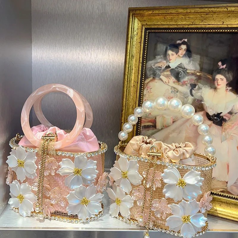 European and American retro sun flower birdcage handmade hollow shiny rhinestone chain vegetable basket water bucket bag