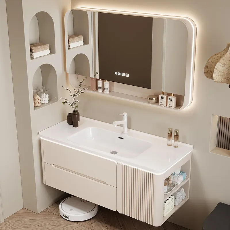 for French Cream Style Oak Smart Rounded Corner Side Cabinet Bathroom Vanity with Ceramic Integrated Basin Wash Table