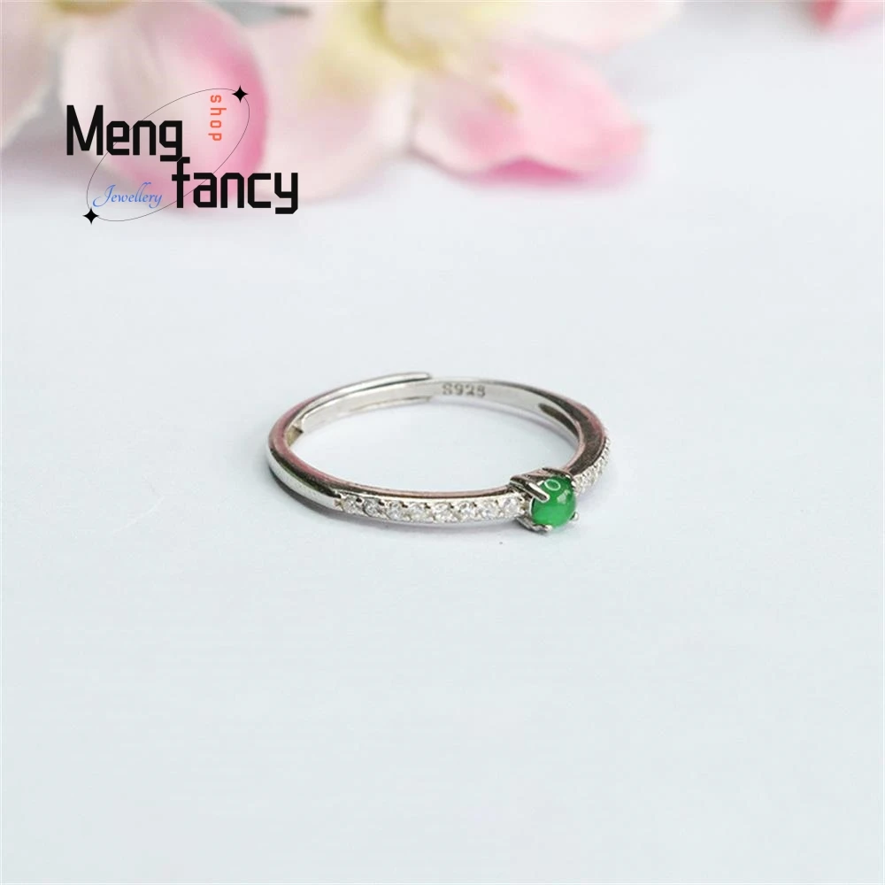 S925 Silver Lnlaid Natural Jadeite Ice Type Imperial Green Ring Exquisite Elegant Charm High-grade Couple Luxury Quality Jewelry