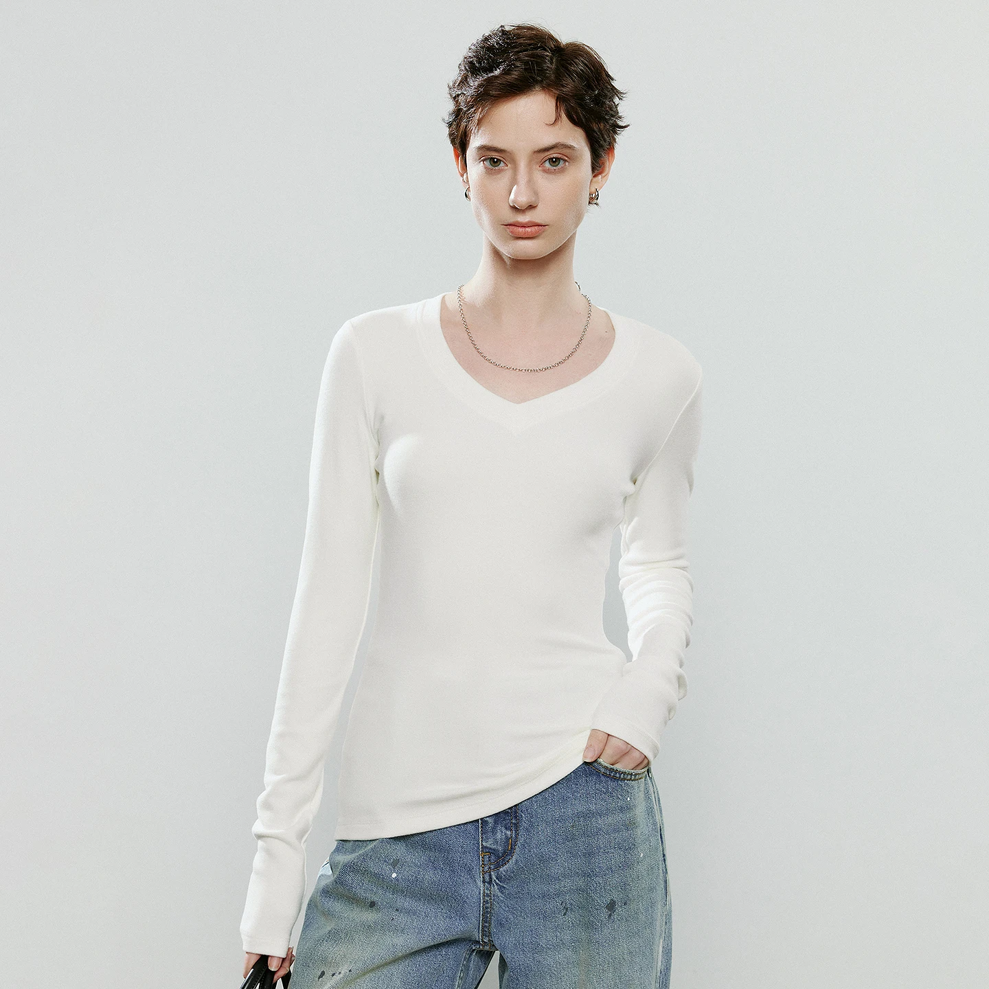 TOYOUTH レディース 長袖Tシャツ 2025年冬新作 アシンメトリー 暖かい スリムフィット Vネック ベースレイヤー トップス